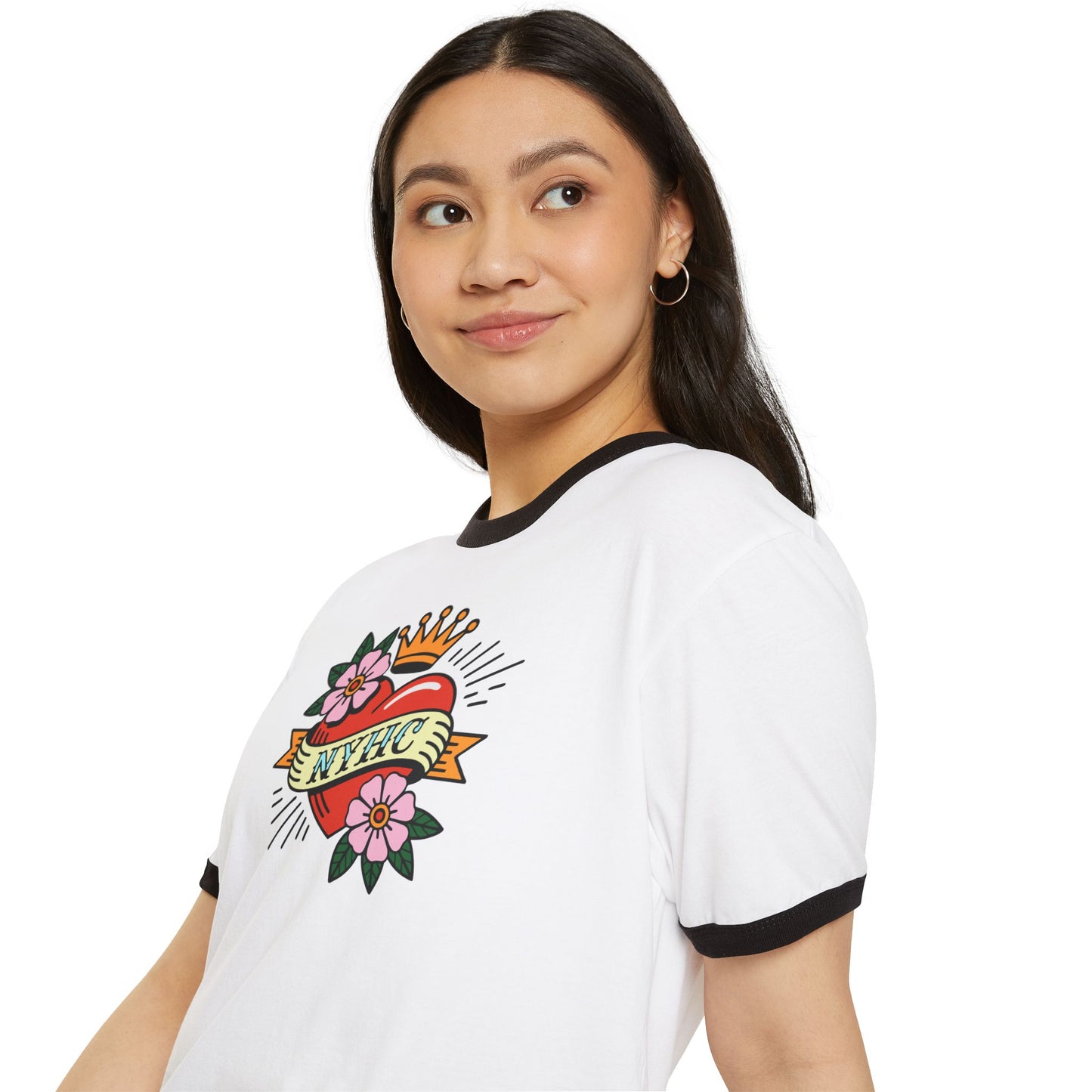 Woman wearing a white t-shirt with a colorful graphic design on a white background