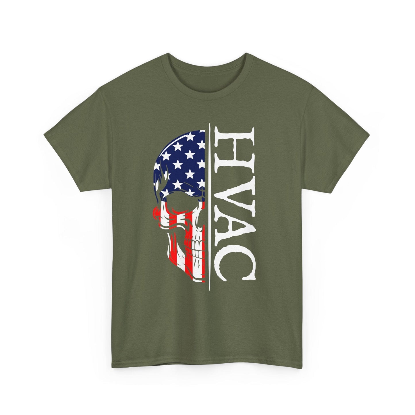 Green t-shirt with HVAC design featuring an American flag skull on a white background