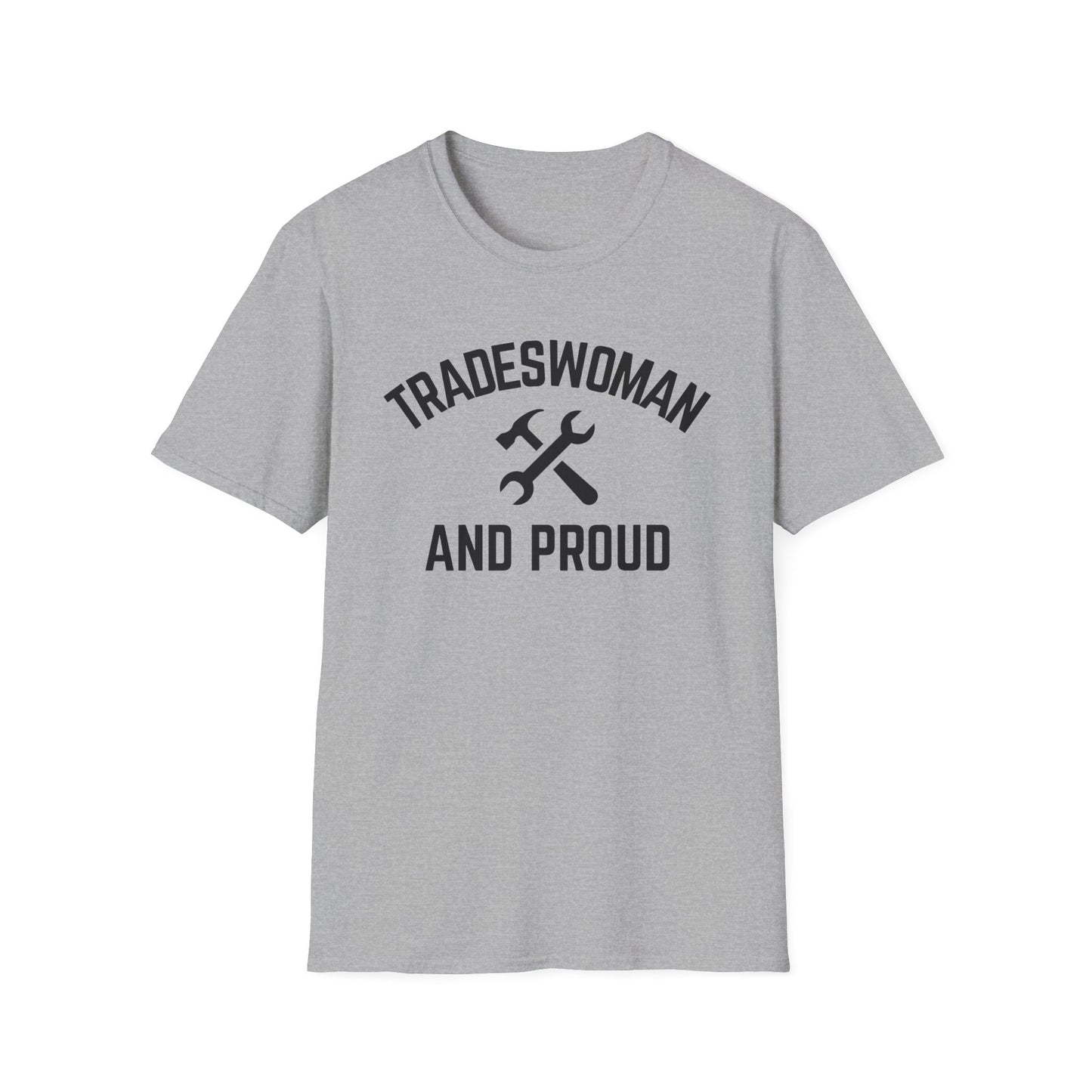 Gray t-shirt with 'Tradeswoman and Proud' text and hammer-wrench graphic on a white background