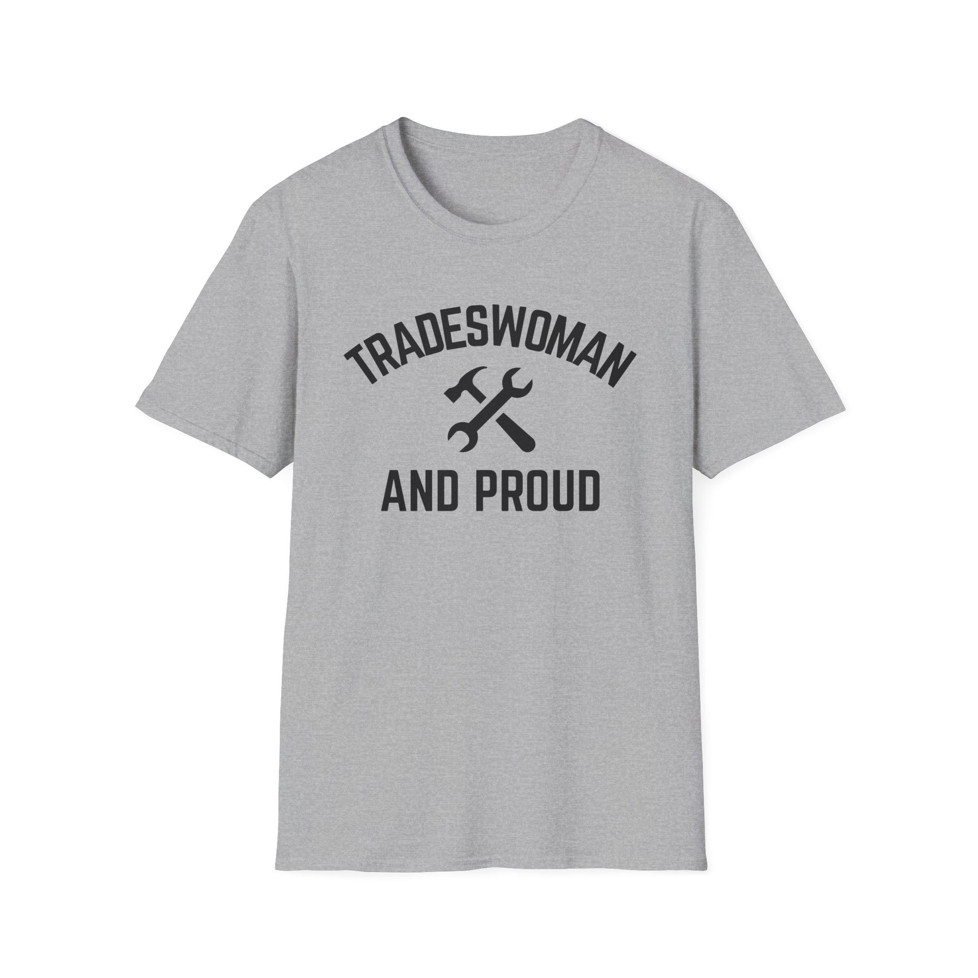 Gray t-shirt with 'Tradeswoman and Proud' text and hammer-wrench graphic on a white background