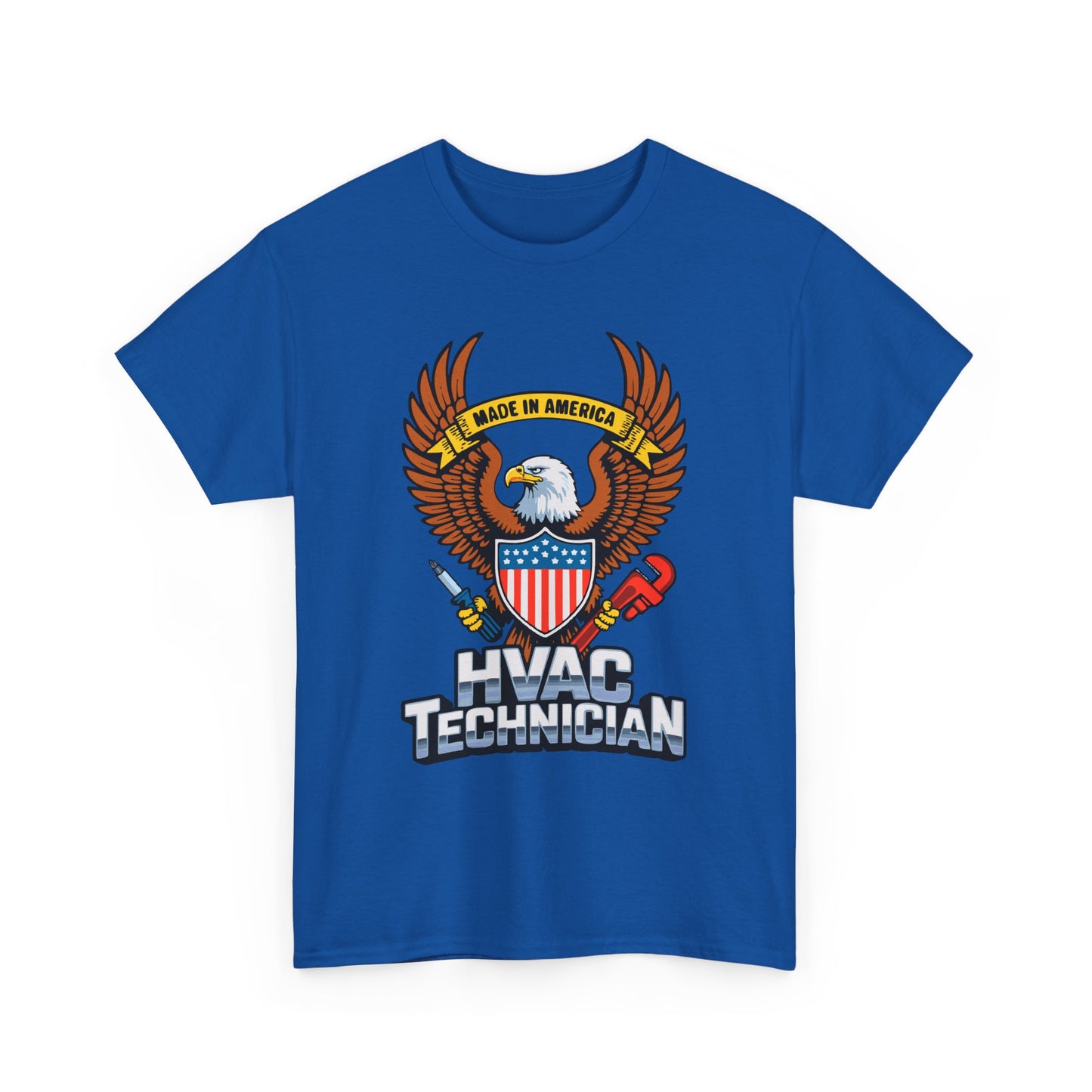 Blue t-shirt with HVAC Technician design featuring an eagle and American flag on a white background