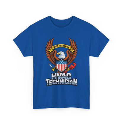 Blue t-shirt with HVAC Technician design featuring an eagle and American flag on a white background