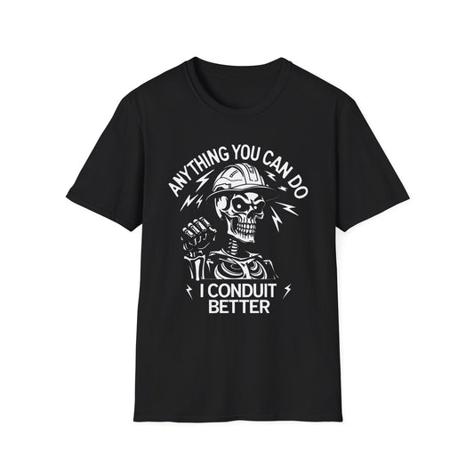 Black t-shirt with white graphic and text 'I conduit better'on a white background
