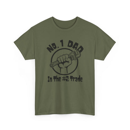 Green t-shirt with black pipewrench graphic and Plumber dad text on a white background
