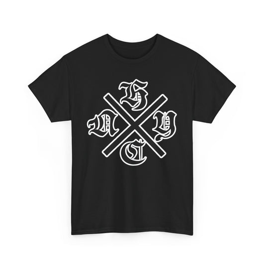 Black t-shirt with white NYHC graphic design on a white background