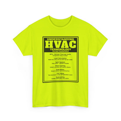 Neon green t-shirt with HVAC terminology text on a white background