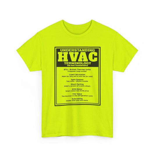 Neon green t-shirt with HVAC terminology text on a white background