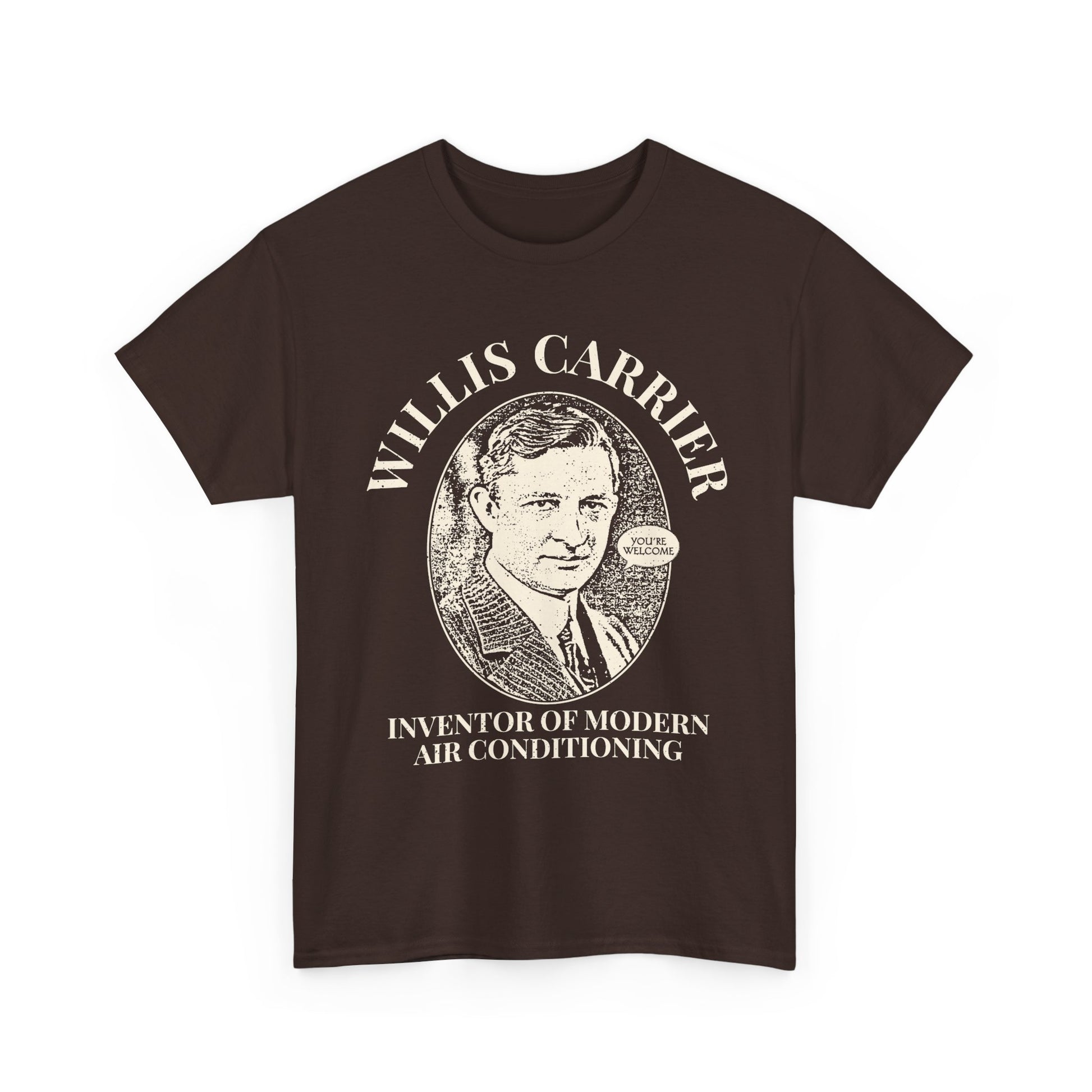 Brown HVAC t-shirt with a graphic of Willis Carrier and text on a white background