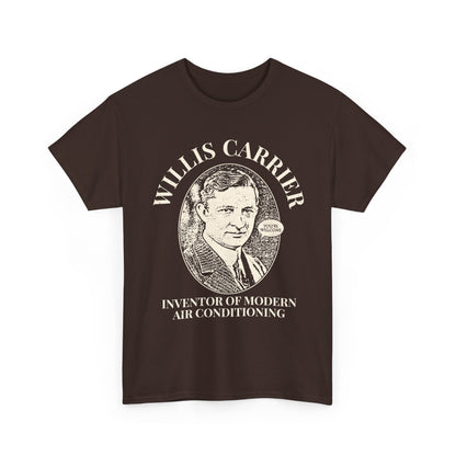 Brown HVAC t-shirt with a graphic of Willis Carrier and text on a white background