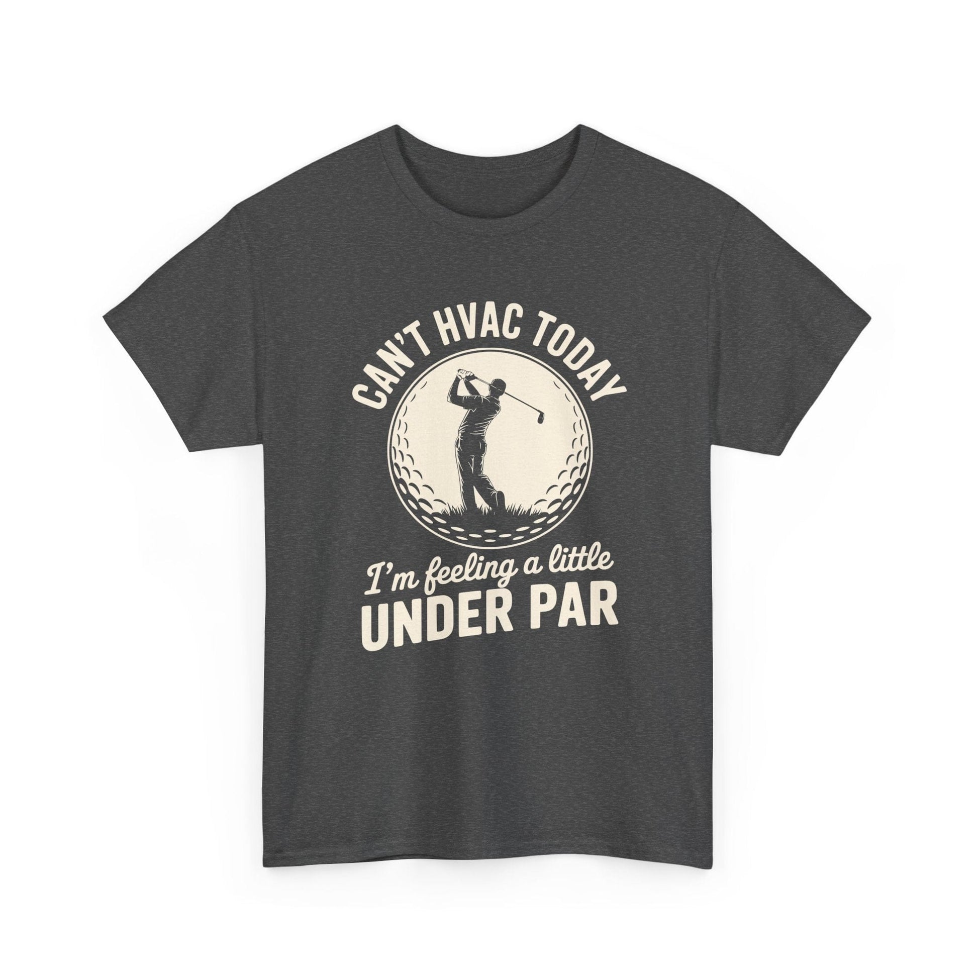Dark gray t-shirt with golf-themed text and graphic on a white background