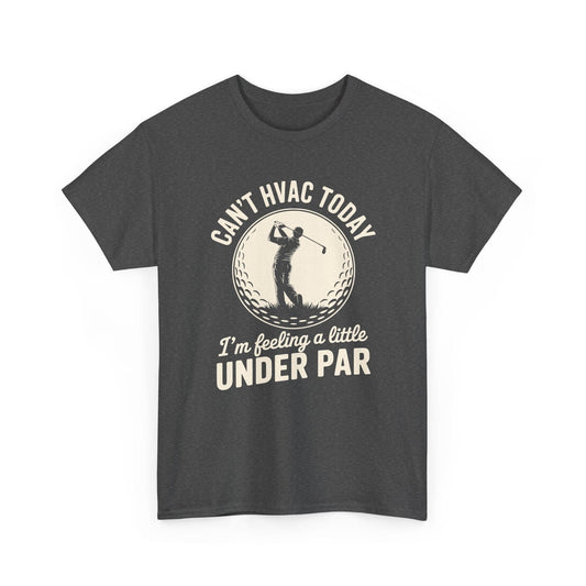 Dark gray t-shirt with golf-themed text and graphic on a white background