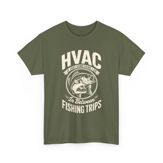 Green t-shirt with HVAC and fishing graphic on a white background