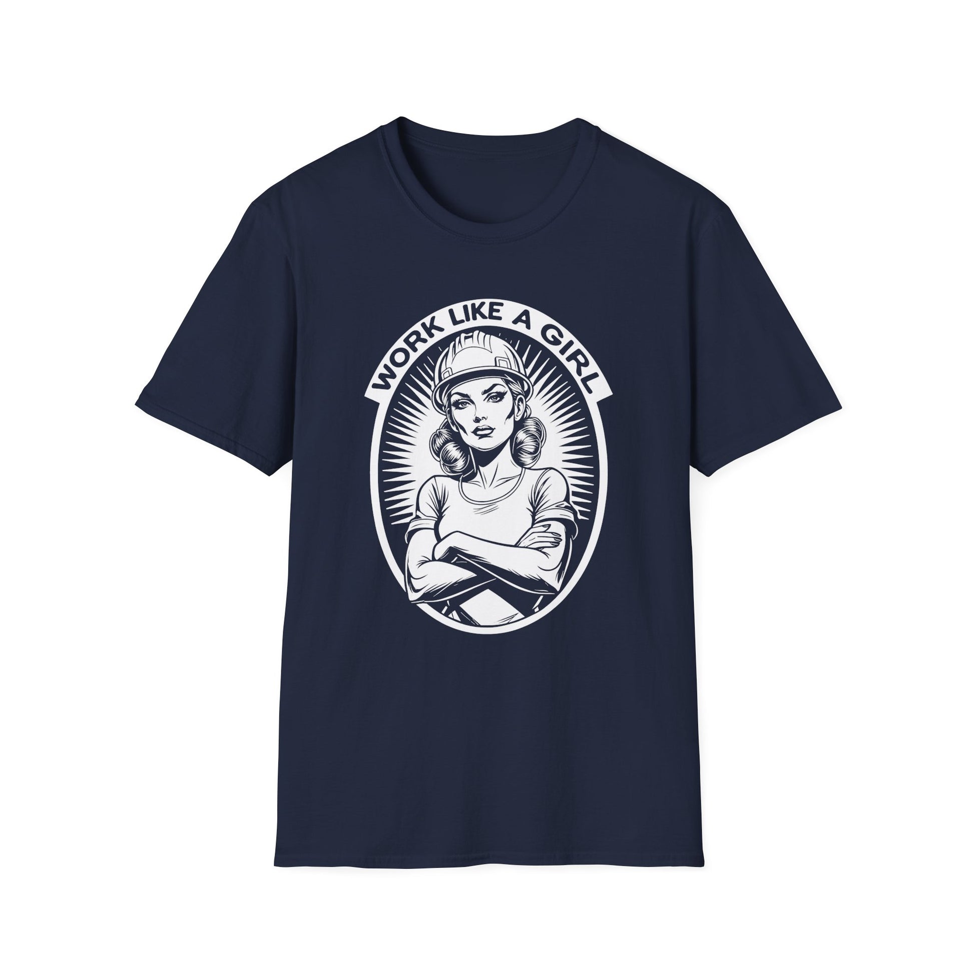 Navy Blue t-shirt with graphic design and text 'Work Like a Girl' 