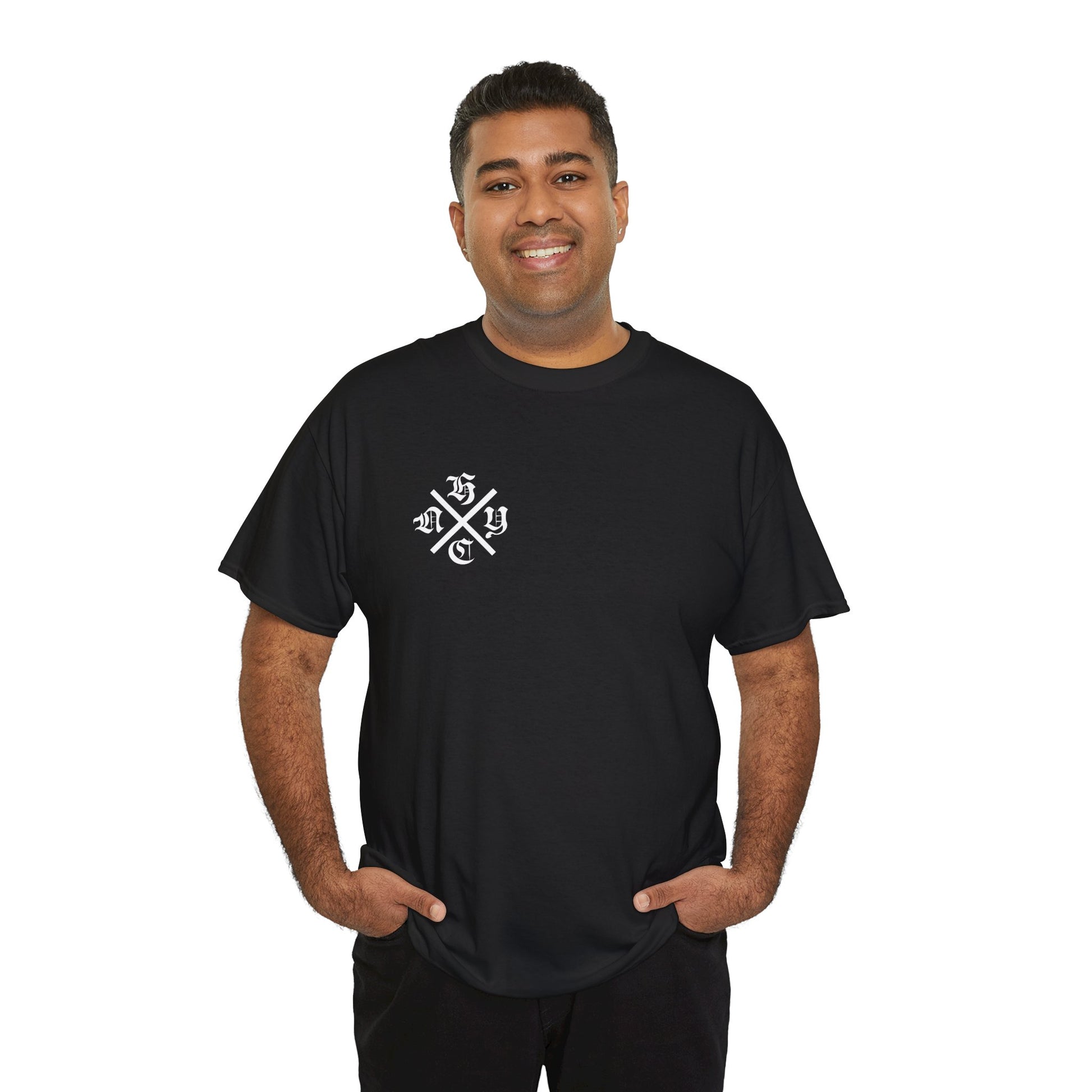 Man wearing a black t-shirt with a logo on a white background