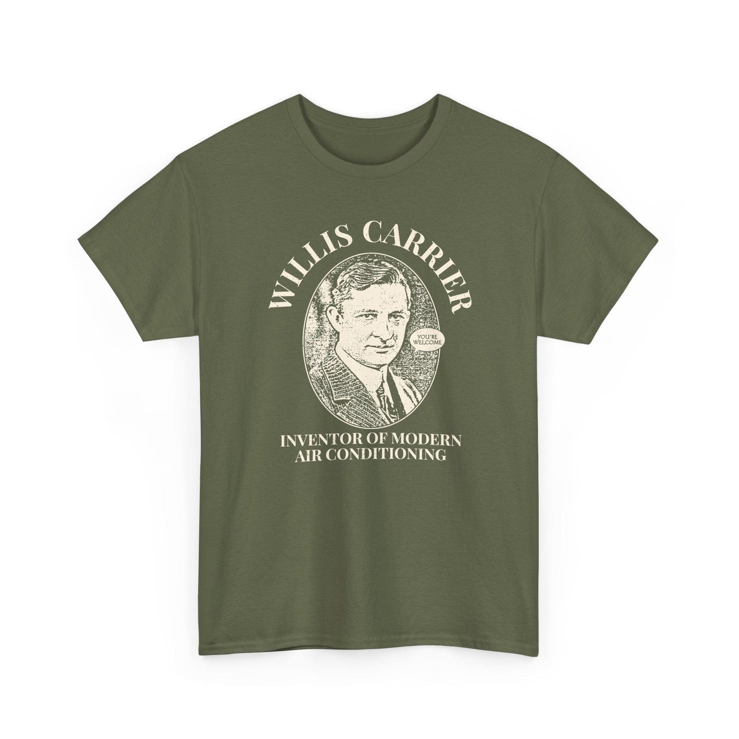 Green t-shirt with a portrait and text of Willis Carrier on a white background