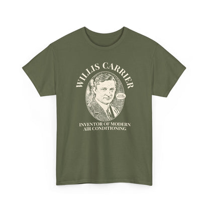 Green t-shirt with a portrait and text of Willis Carrier on a white background