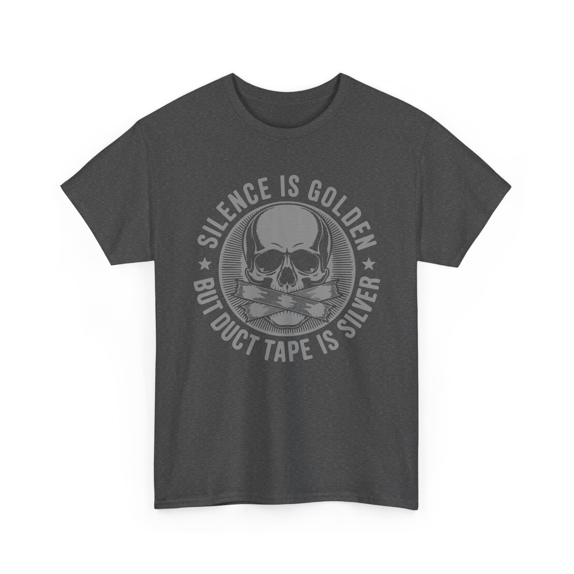 Gray t-shirt with skull design and 'Silence is Golden- but duct tape is silver' text on a white background.