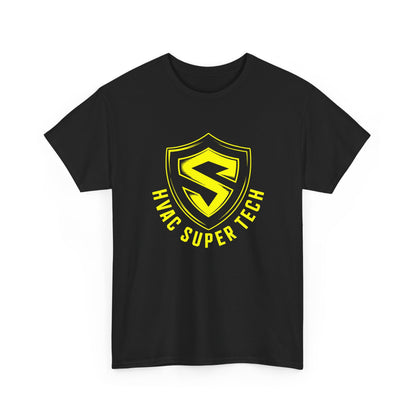 Black t-shirt with yellow HVAC Super Tech logo on a white background