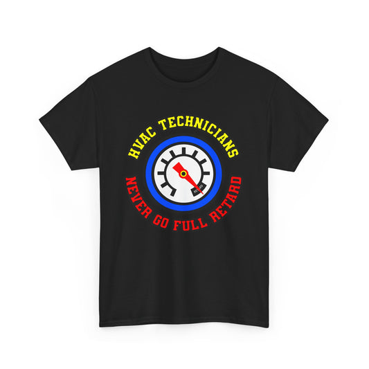 Black t-shirt with HVAC technicians graphic and text on a white background