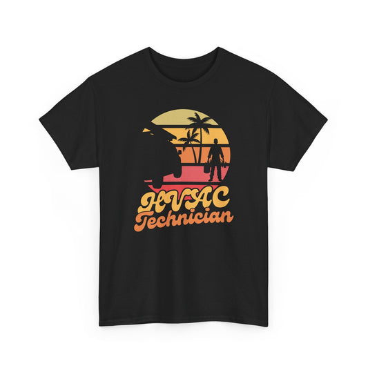 Black t-shirt with 'HVAC Technician' graphic design featuring a sunset and palm trees on a white background.
