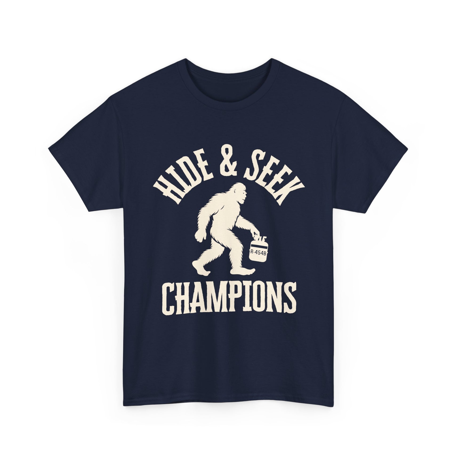 Navy blue HVAC t-shirt with white graphic and text 'Hide & Seek Champions' on a white background