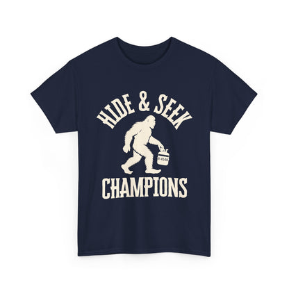 Navy blue HVAC t-shirt with white graphic and text 'Hide & Seek Champions' on a white background