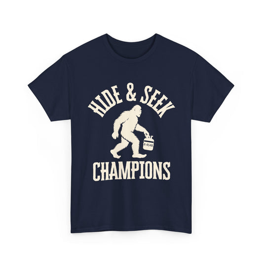 Navy blue HVAC t-shirt with white graphic and text 'Hide & Seek Champions' on a white background