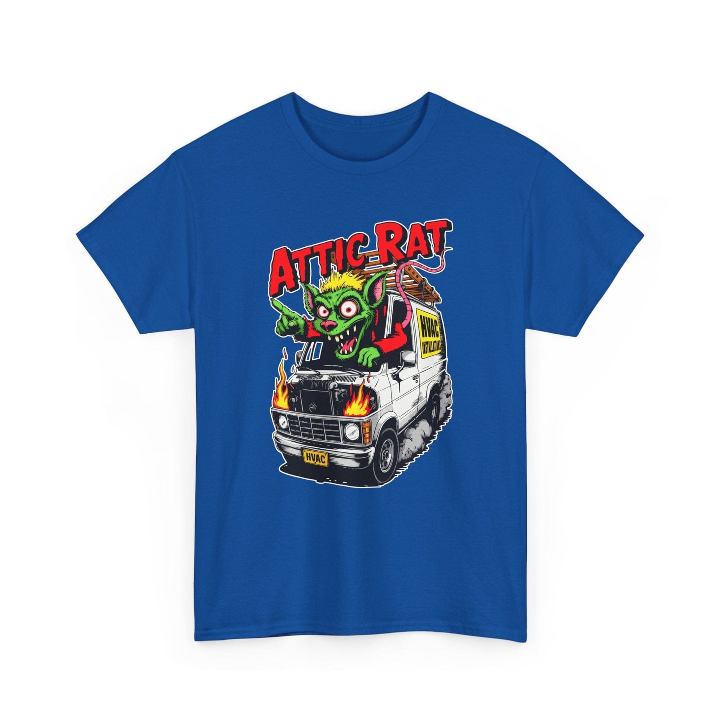 Blue t-shirt with 'Attic Rat' graphic design featuring a van and cartoon rat on a white background