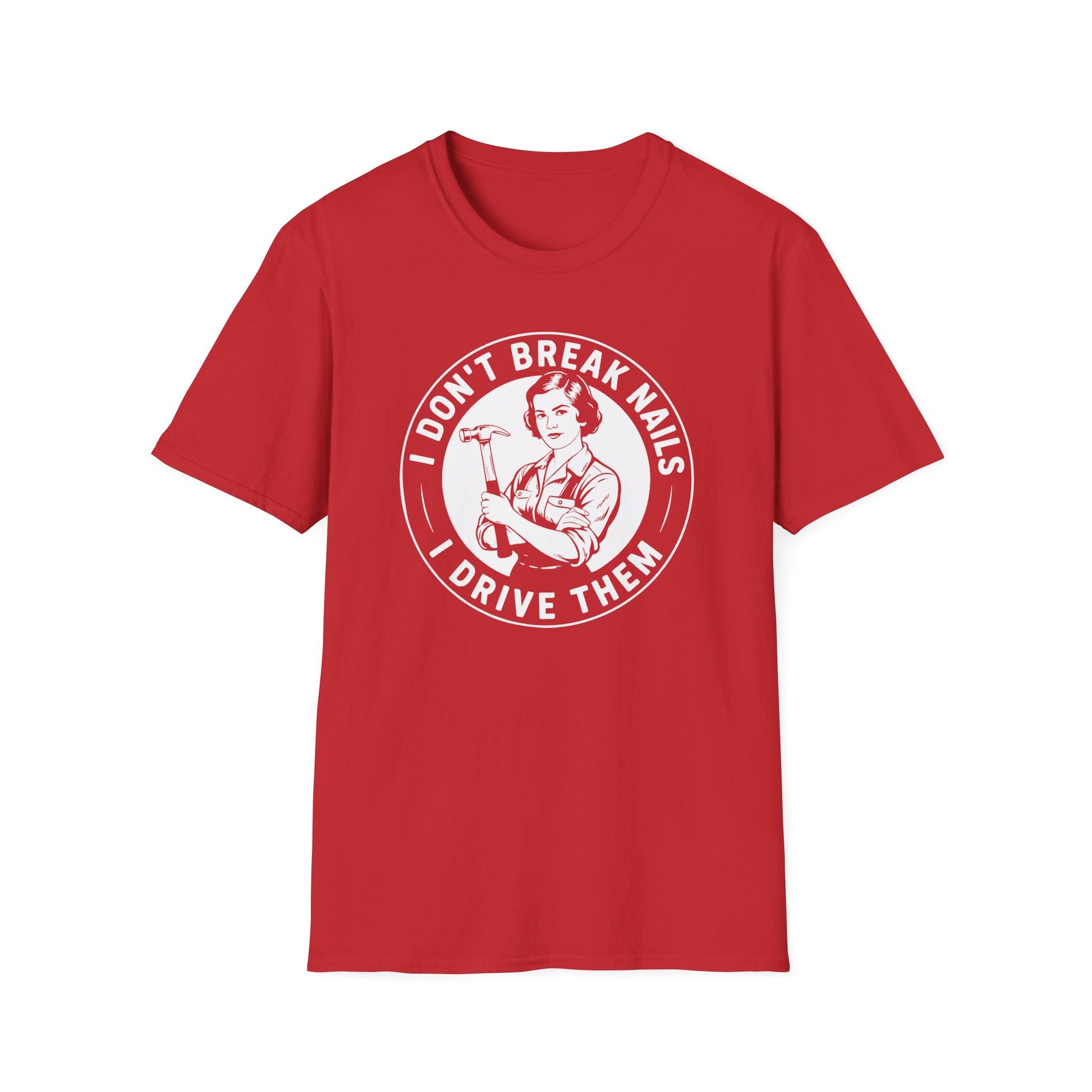 Red t-shirt with a graphic design and text 'I Don't Break Nails I Drive Then'on a white background