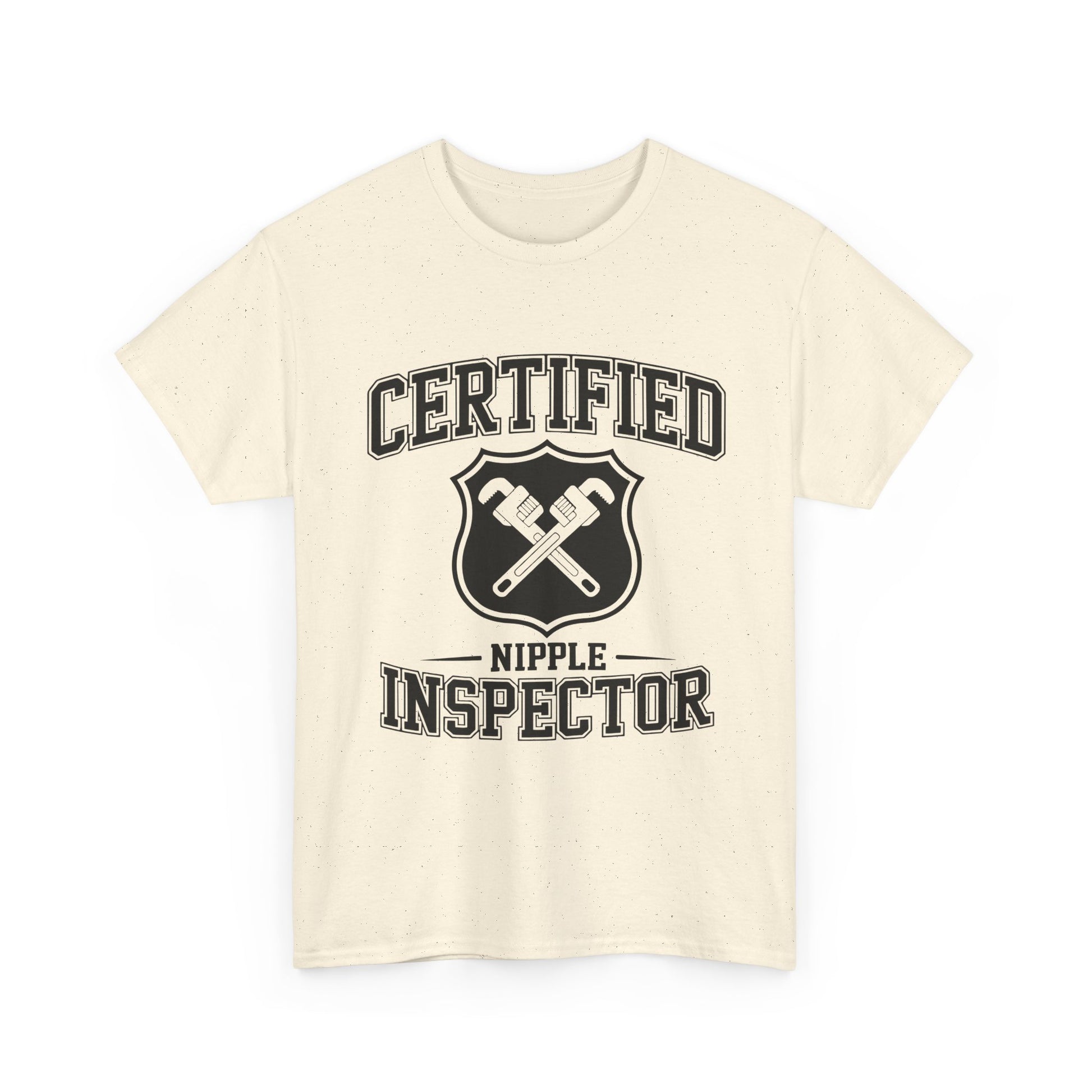 Beige t-shirt with 'Certified Nipple Inspector' text and graphic on a white background