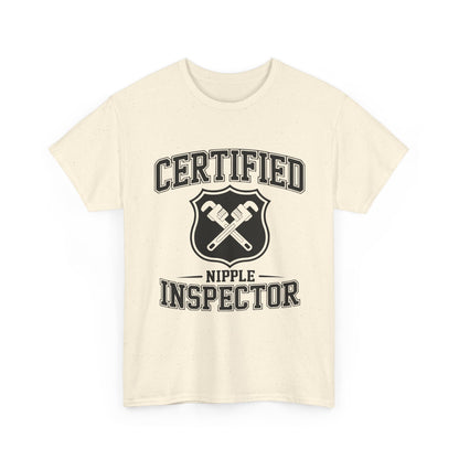 Beige t-shirt with 'Certified Nipple Inspector' text and graphic on a white background