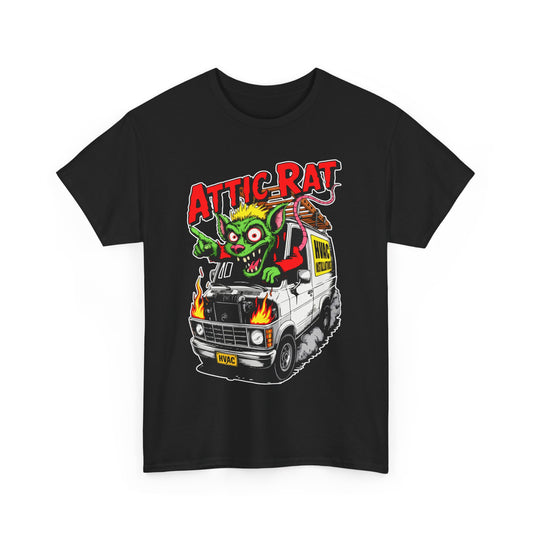 Black t-shirt with a graphic design of a rat on a van and the text 'Attic Rat' on a white background.