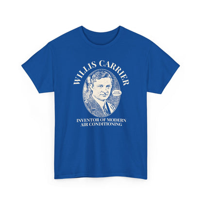 Blue t-shirt with a graphic of Willis Carrier and text on a white background