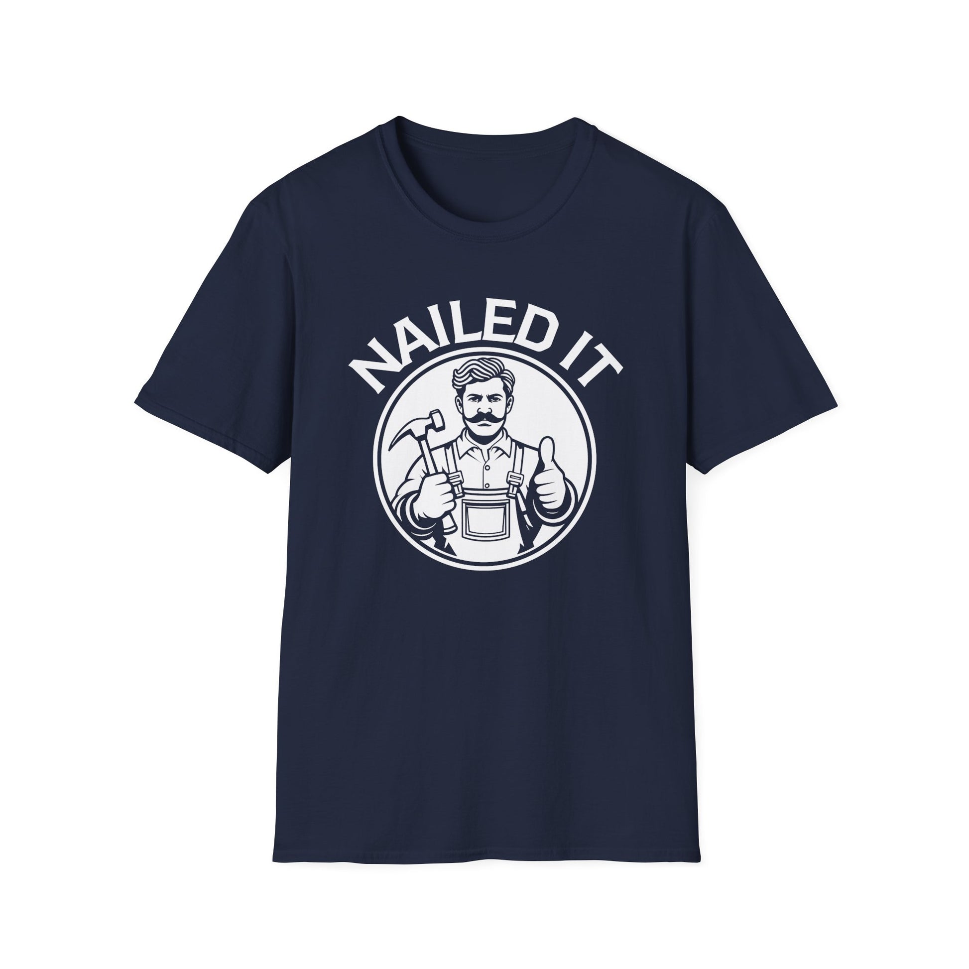 Navy blue t-shirt with 'NAILED IT' graphic and man giving thumbs up on a white background