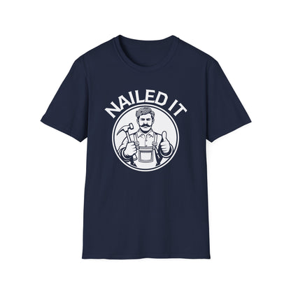 Navy blue t-shirt with 'NAILED IT' graphic and man giving thumbs up on a white background