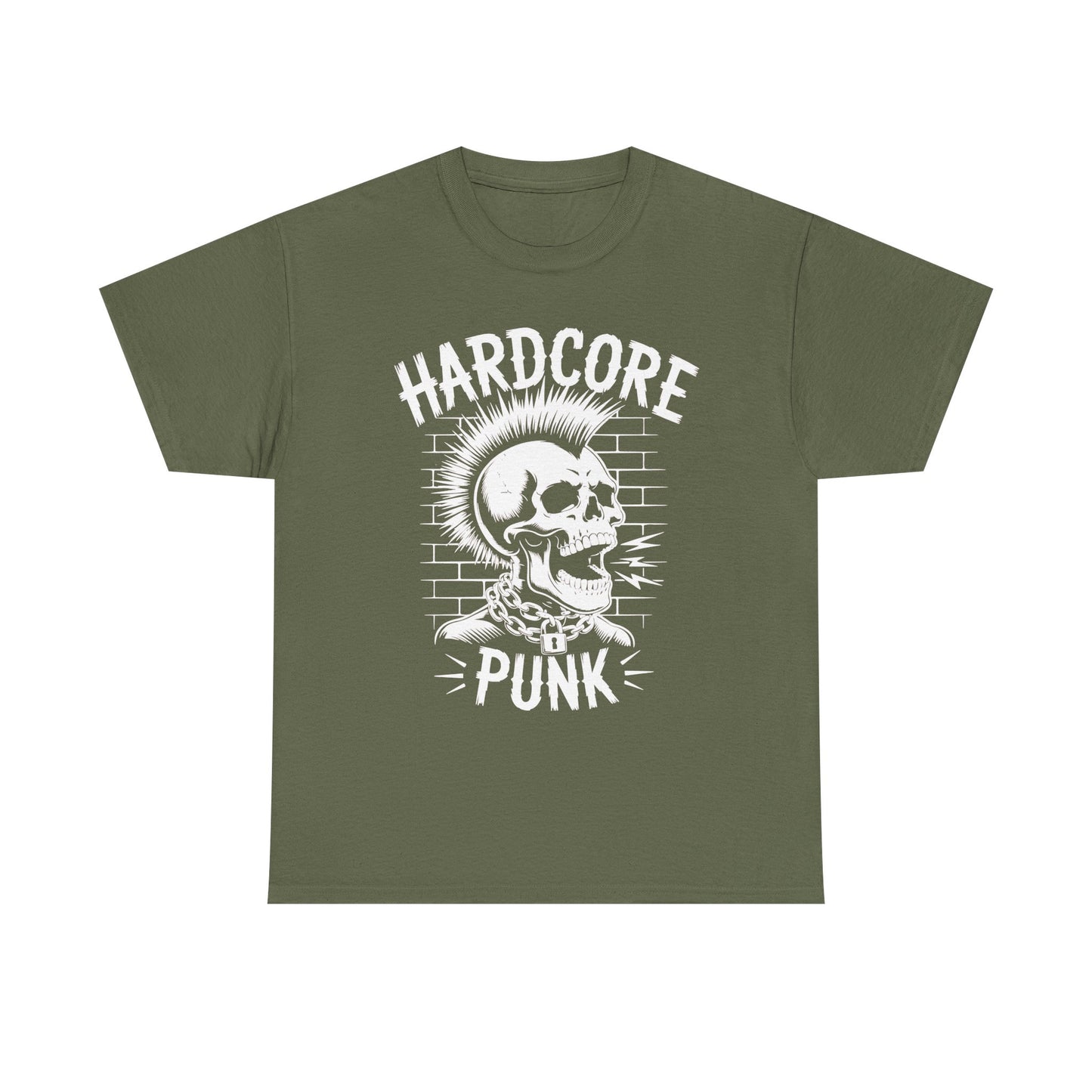 Green t-shirt with a skull graphic and 'Hardcore Punk' text on a white background