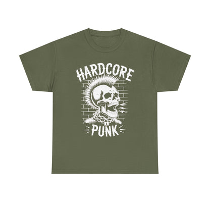 Green t-shirt with a skull graphic and 'Hardcore Punk' text on a white background