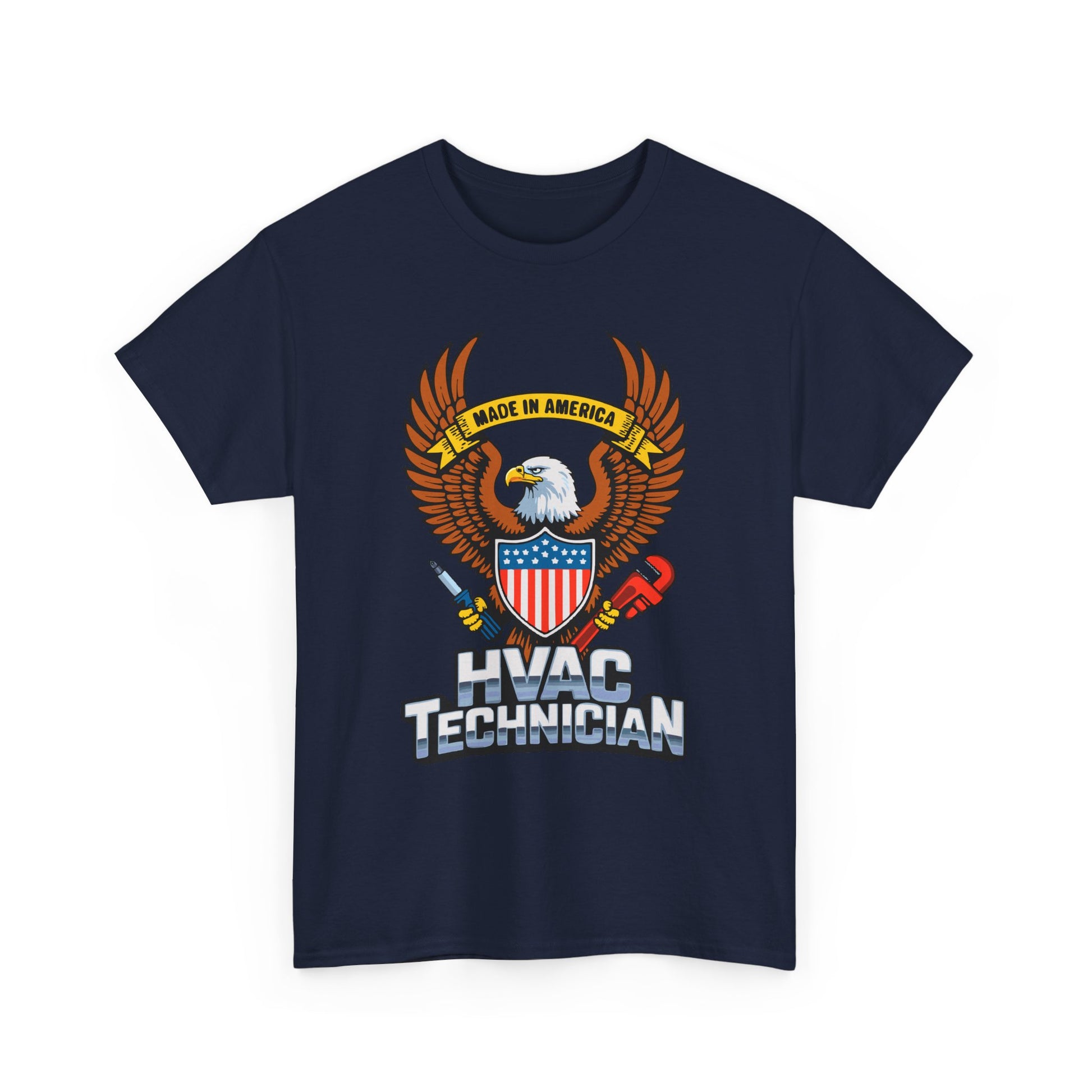 Navy blue t-shirt with HVAC Technician graphic featuring an eagle and shield on a white background