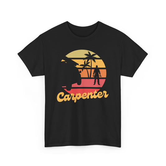 Black t-shirt with a 'Carpenter' graphic design featuring palm trees and a sunset.