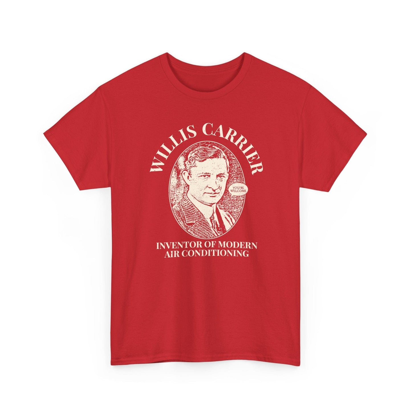 Red t-shirt with a graphic of Willis Carrier and text on a white background