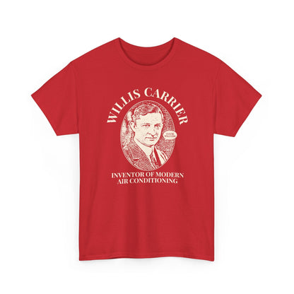 Red t-shirt with a graphic of Willis Carrier and text on a white background