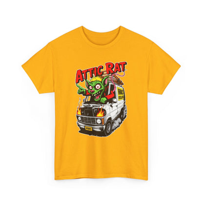 Yellow t-shirt with 'Attic Rat' graphic design featuring a van and creature on a white background
