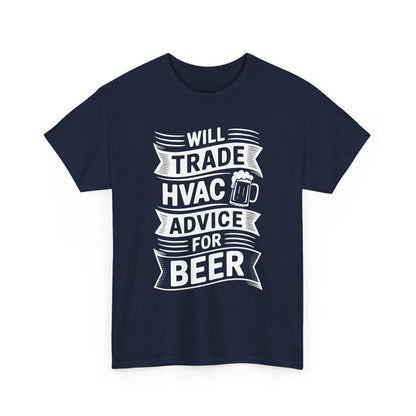 Navy blue t-shirt with white text 'Will trade HVAC advice for beer' on a white background