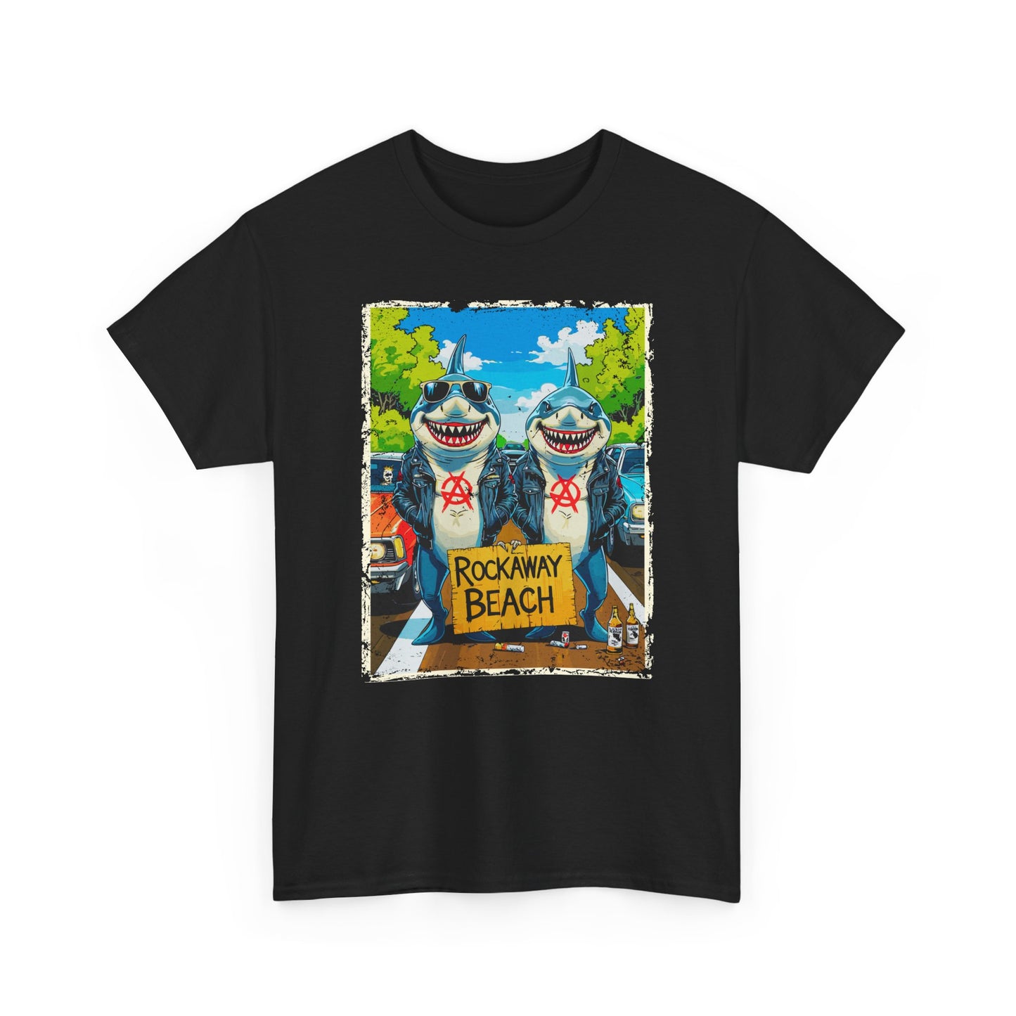 Black t-shirt with a graphic of two sharks at Rockaway Beach on a white background