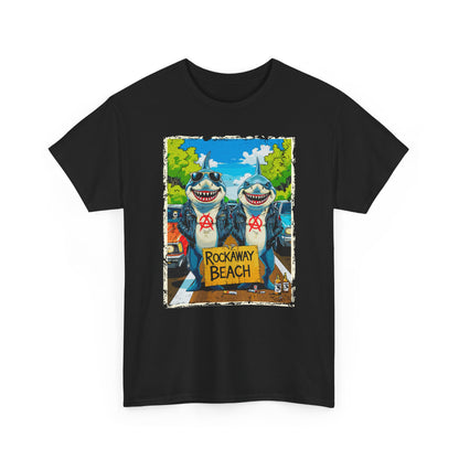 Black t-shirt with a graphic of two sharks at Rockaway Beach on a white background