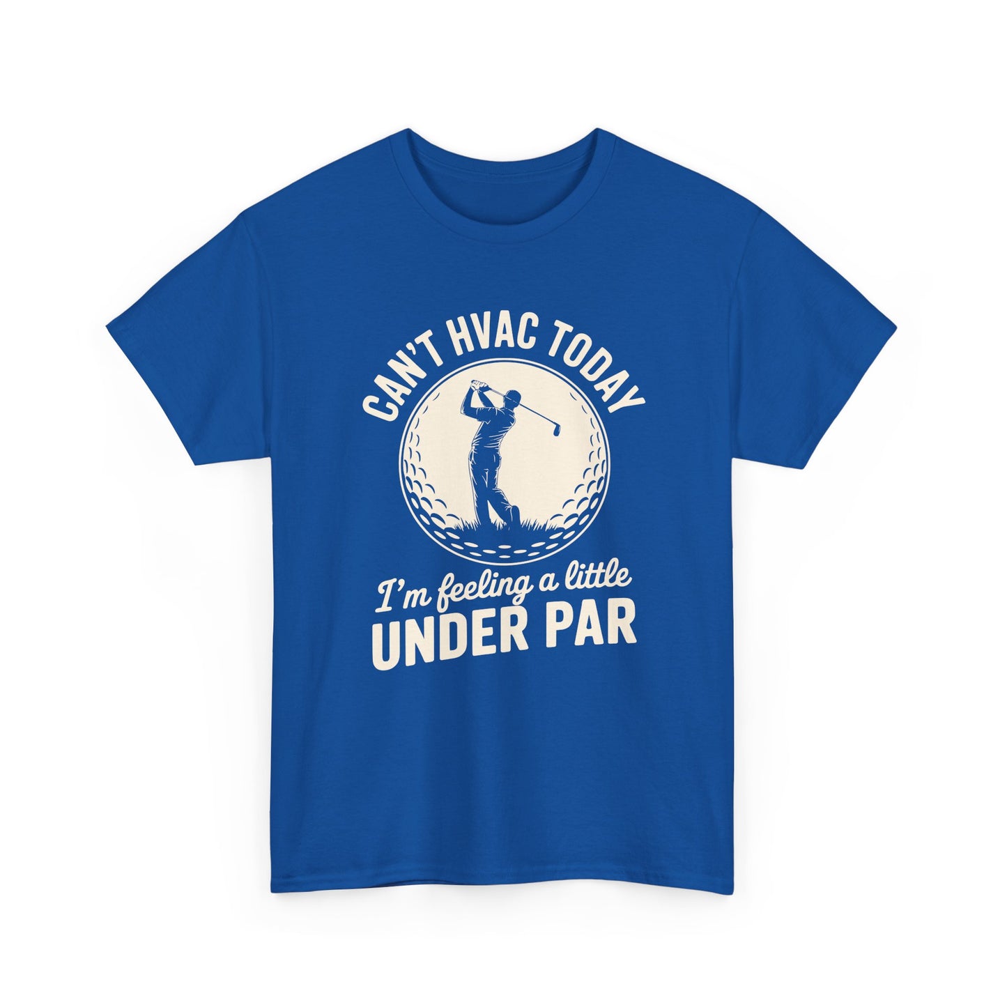 Blue t-shirt with golf-themed text and graphic on a white background