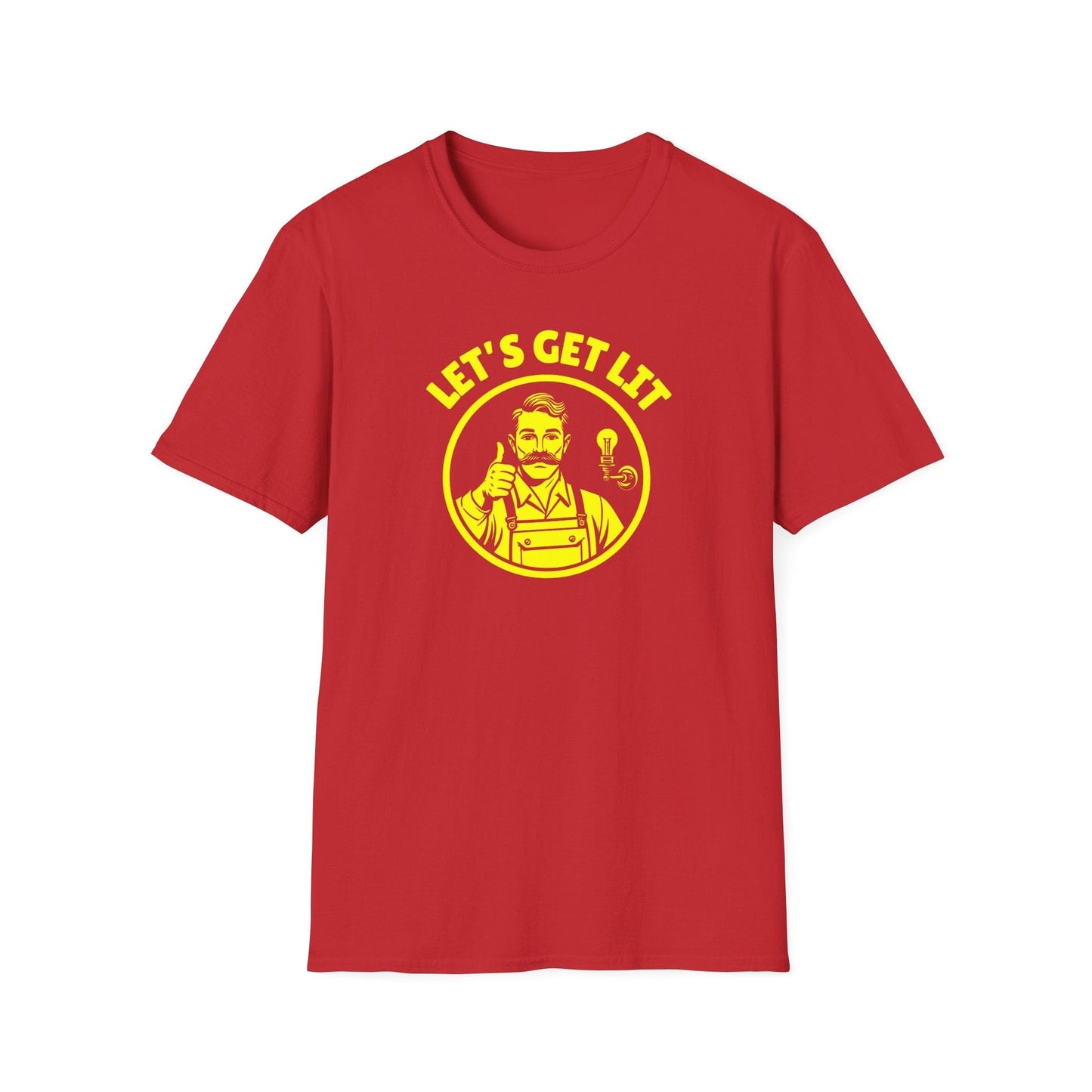 Red t-shirt with yellow graphic and text 'LET'S GET LET' on a white background