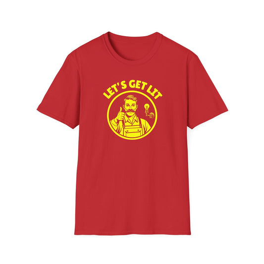 Red t-shirt with yellow graphic and text 'LET'S GET LET' on a white background