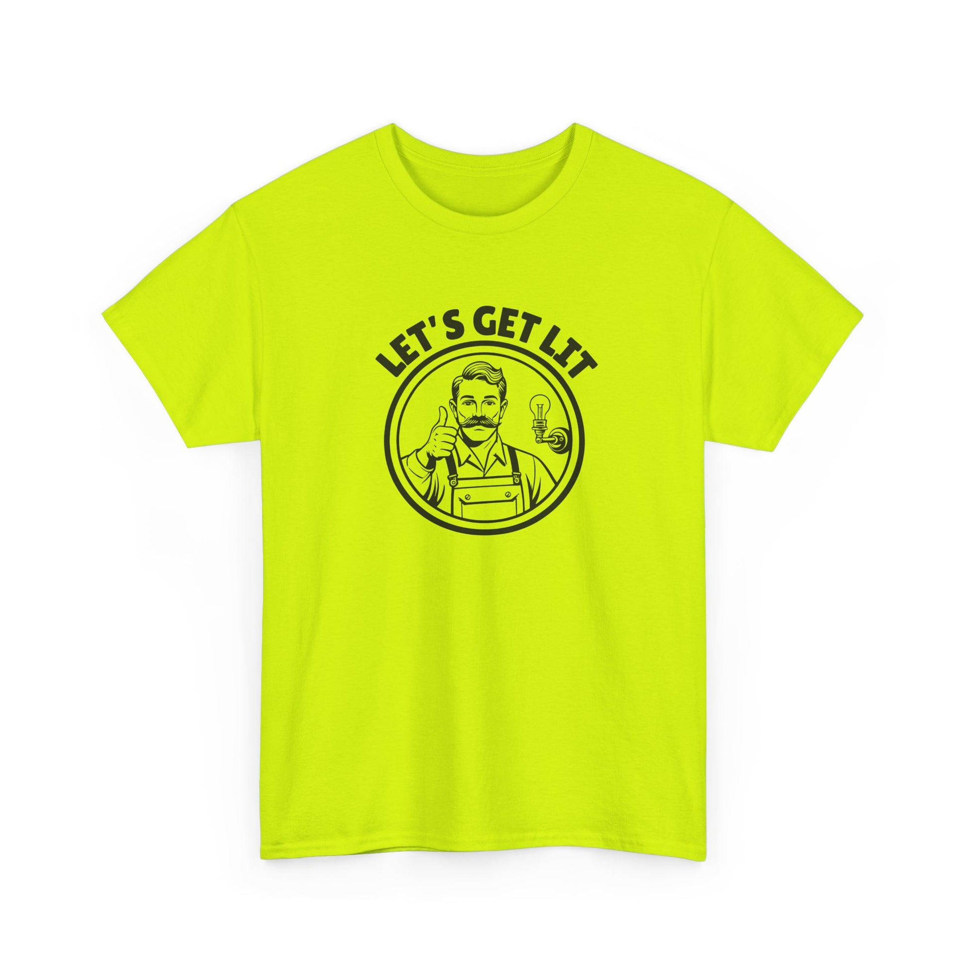 Bright yellow t-shirt with black 'Let's Get Lit' graphic' on a white background