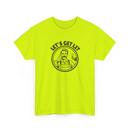 Bright yellow t-shirt with black 'Let's Get Lit' graphic' on a white background